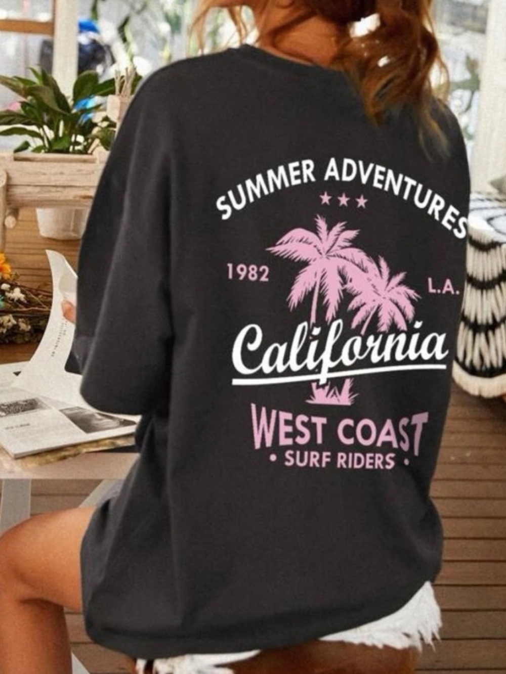 🌴 SHEIN California Dreaming Graphic Tee Gray Pink Oversized T-Shirt XL